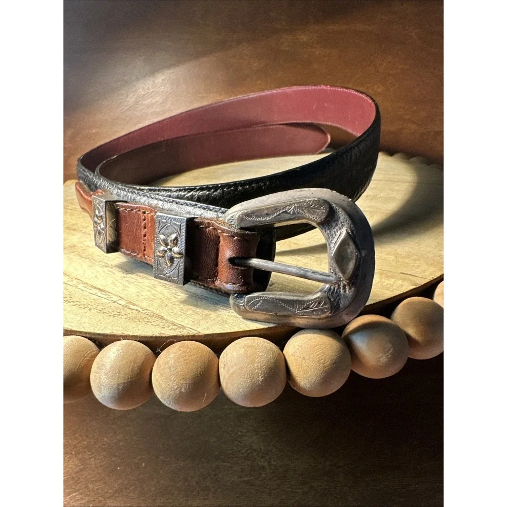 Brighton Belt Womens 36 Two Tone Black Brown And Silver Decor Western
